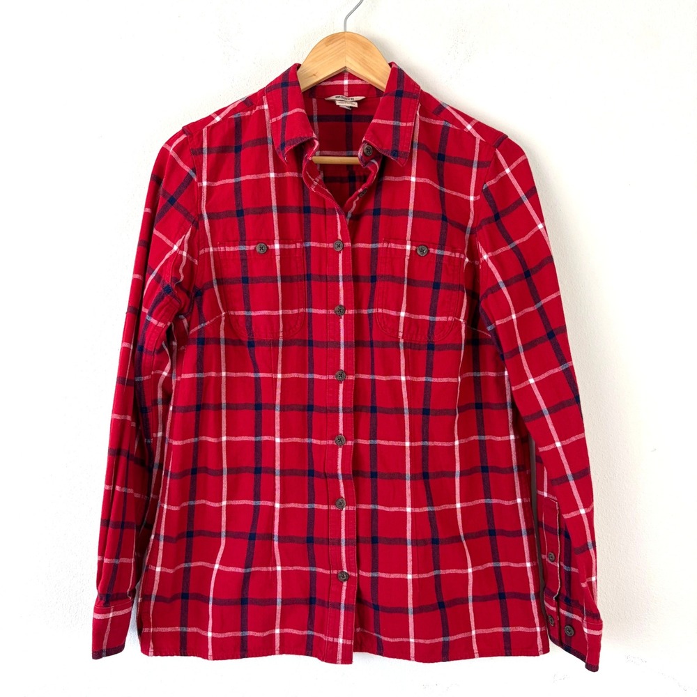 Duluth Trading Co Red Plaid Free Swingin Flannel Shirt Womens Small Long Sleeve